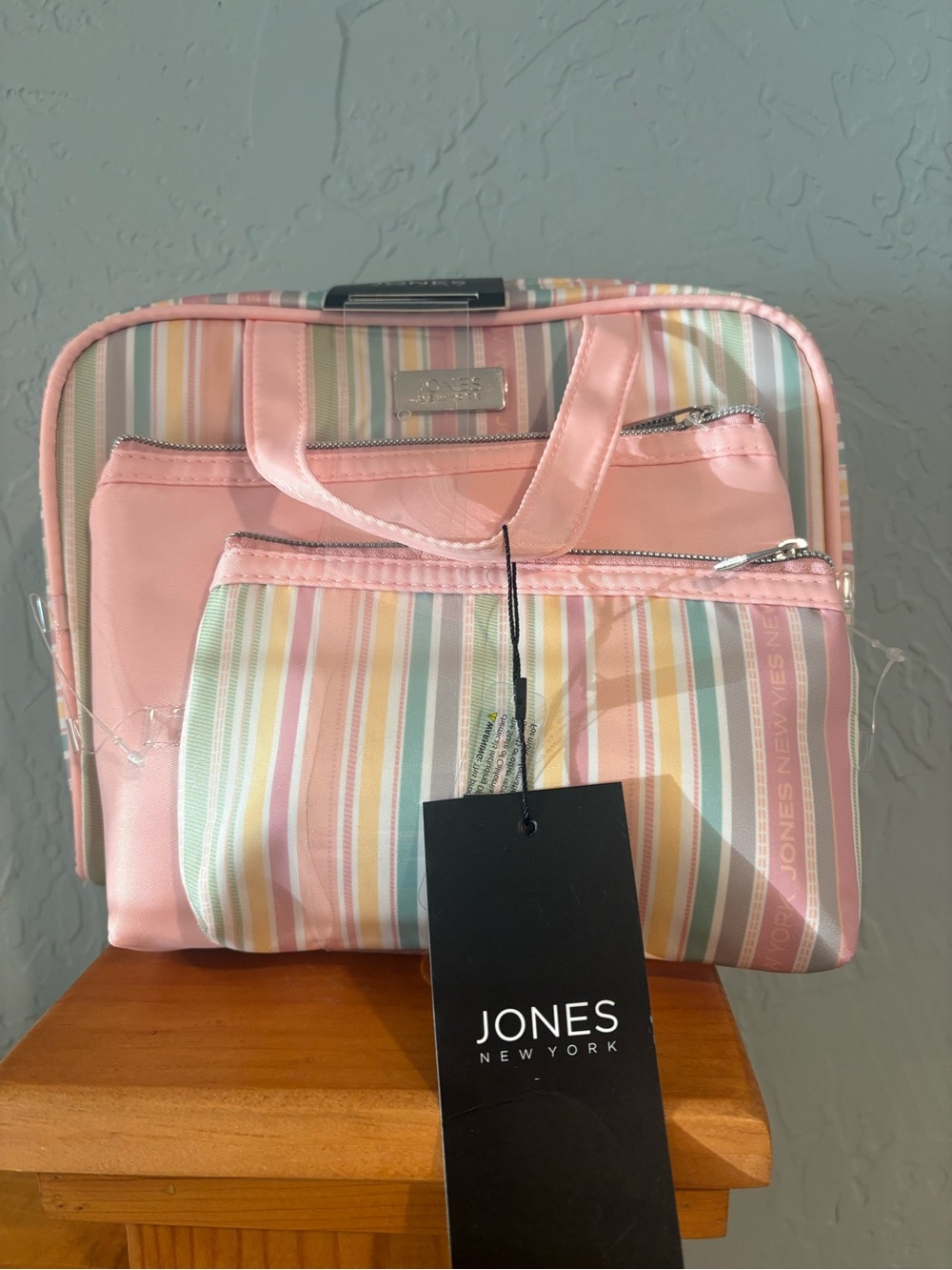 Jones New York Pastel Pink Striped Cosmetic Bag Set